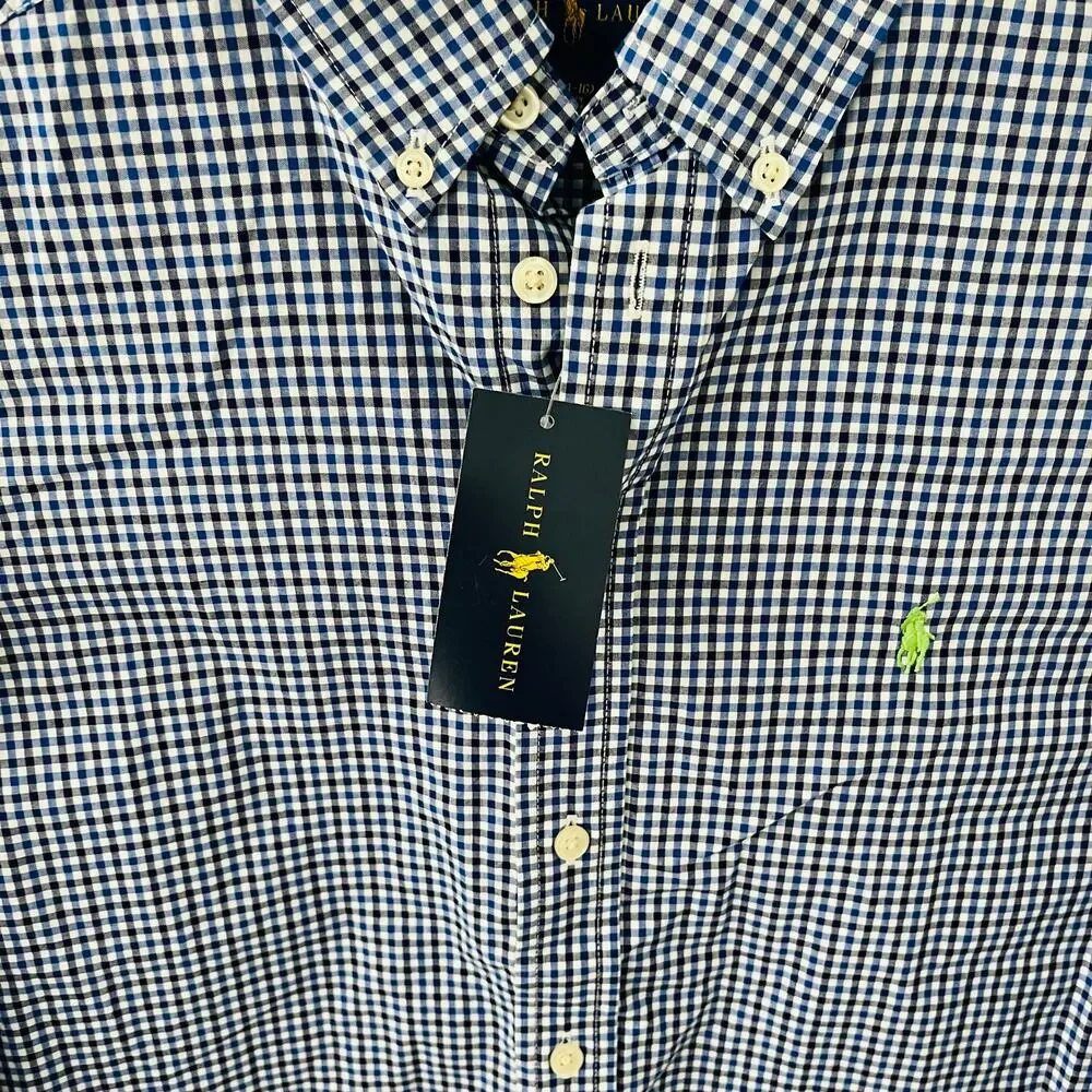 Polo Ralph Lauren Big Boys L 14/16 Gingham Check Oxford Cotton Shirt Blue White